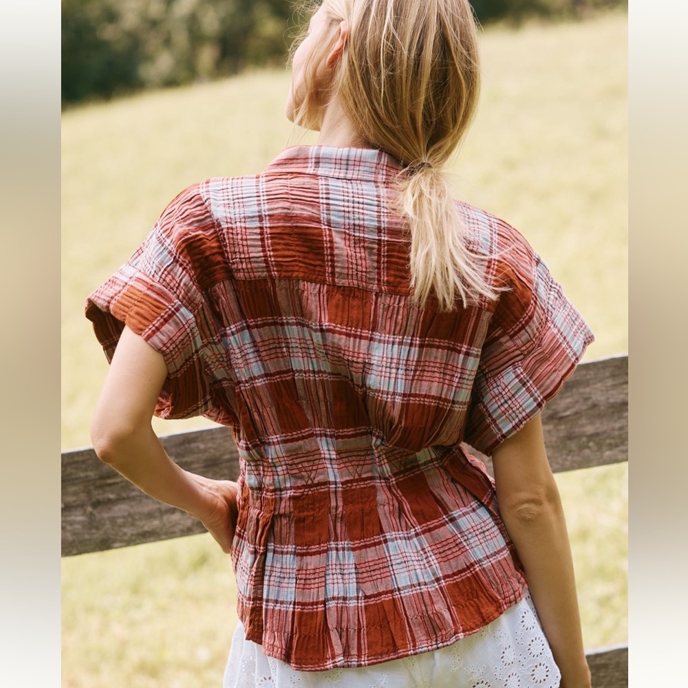 ANTHROPOLOGIE-Pilcro The Bobbie Short-Sleeve Fitted Waist Plaid BlouseXXS Petite - Picture 3 of 7